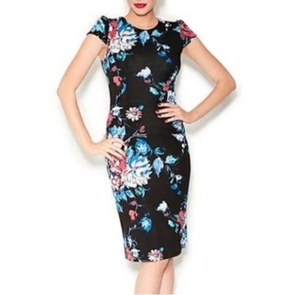 Betsey Johnson Sheath Sz 8 Black Floral Cap Sleeve Fitted Knee Pencil Dress - Picture 2 of 11